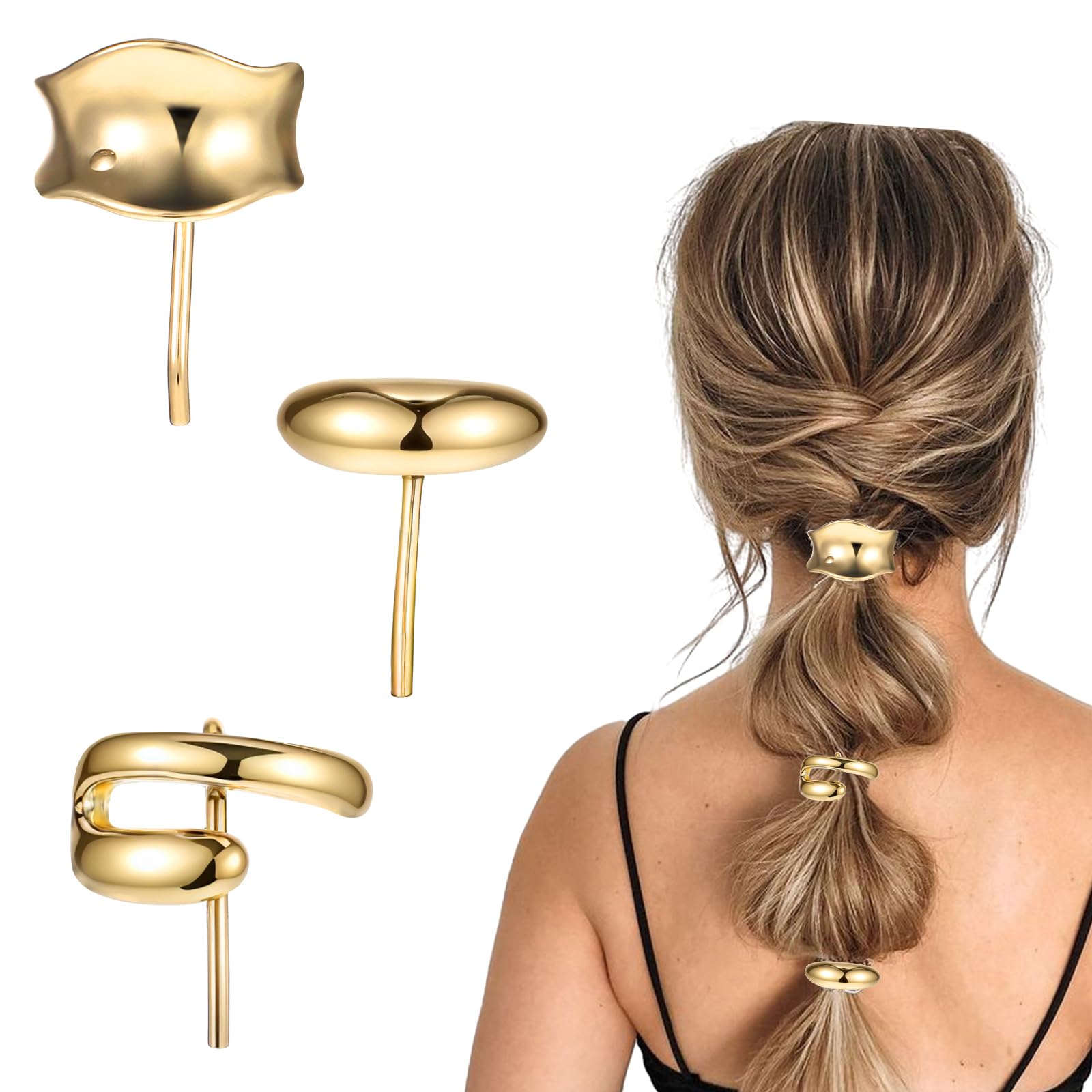 PEOVLVN front view of three gold hair cuffs showing polished finish and minimalist style