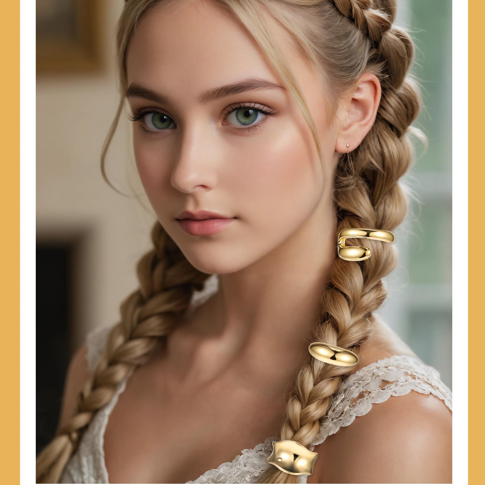 PEOVLVN cuff decorating a low bun adding elegant metallic accent