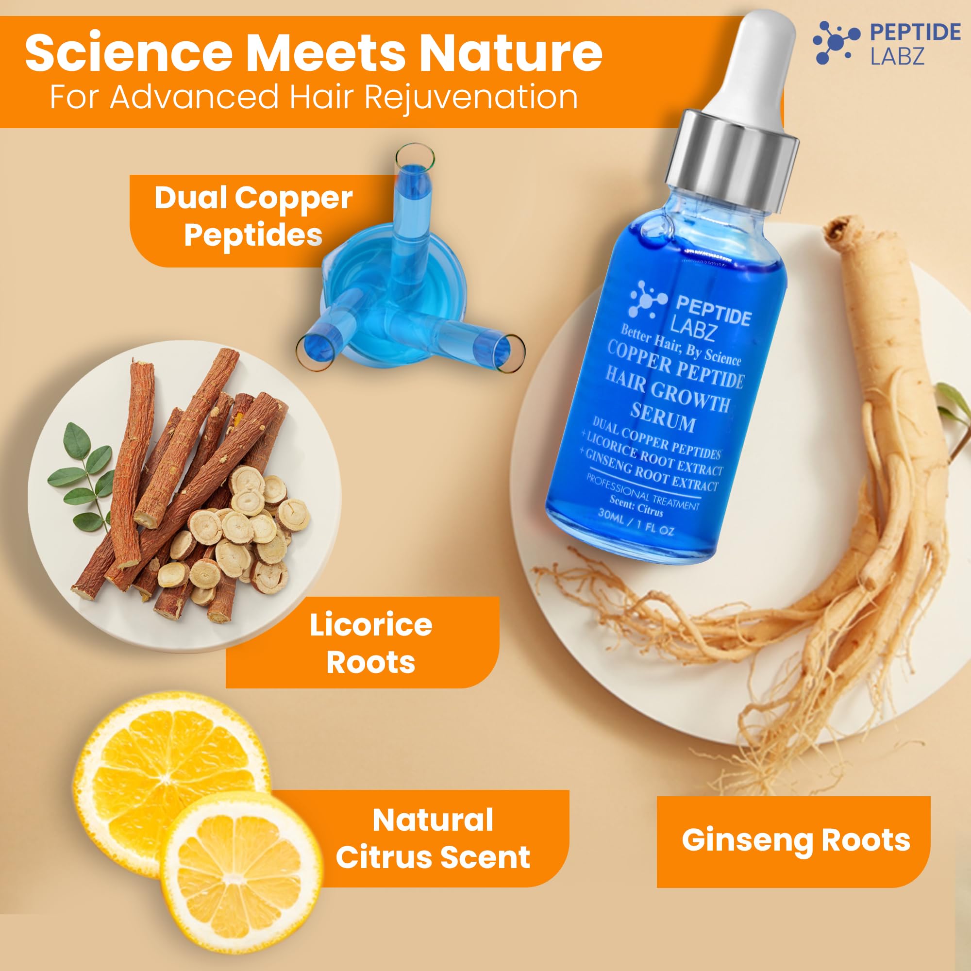 PeptideLabz dropper applying serum to scalp for targeted nourishment