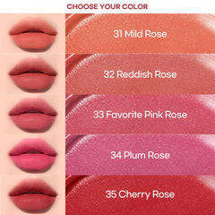 Peripera applied on lips in lifestyle scene showing soft reddish rose color and natural-looking stain