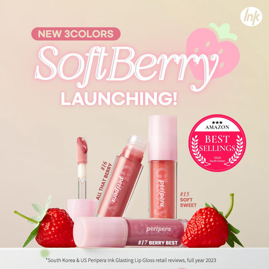 Peripera gloss swatch on arm showing berry color and smooth finish benefit visualization