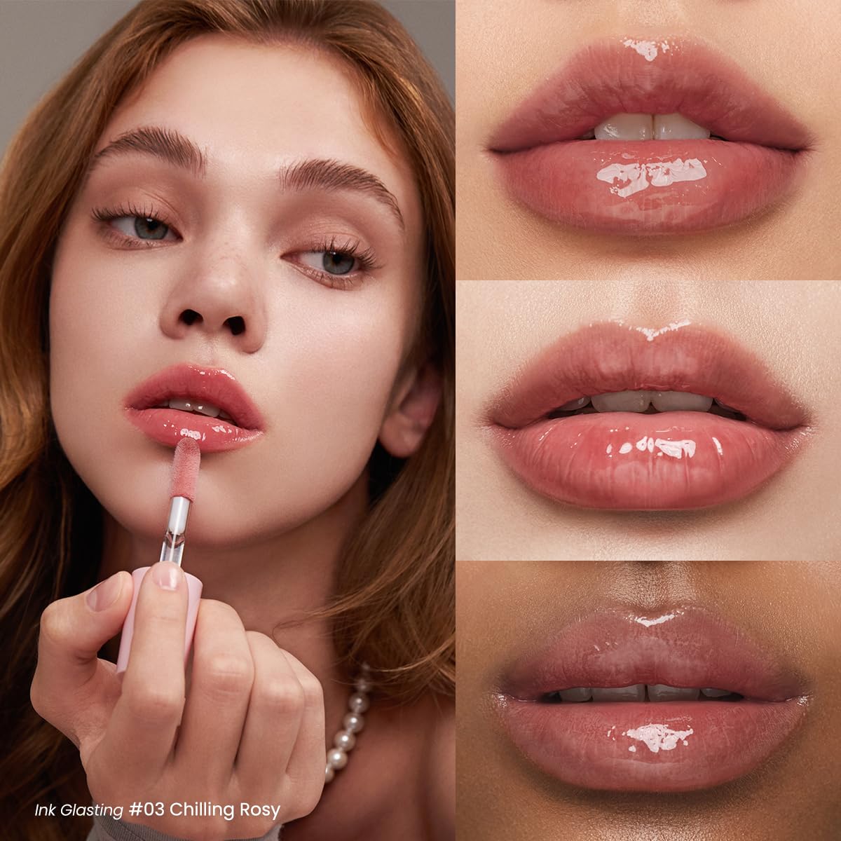 Peripera on-model lips displaying chilling rosy gloss for fuller-looking pout