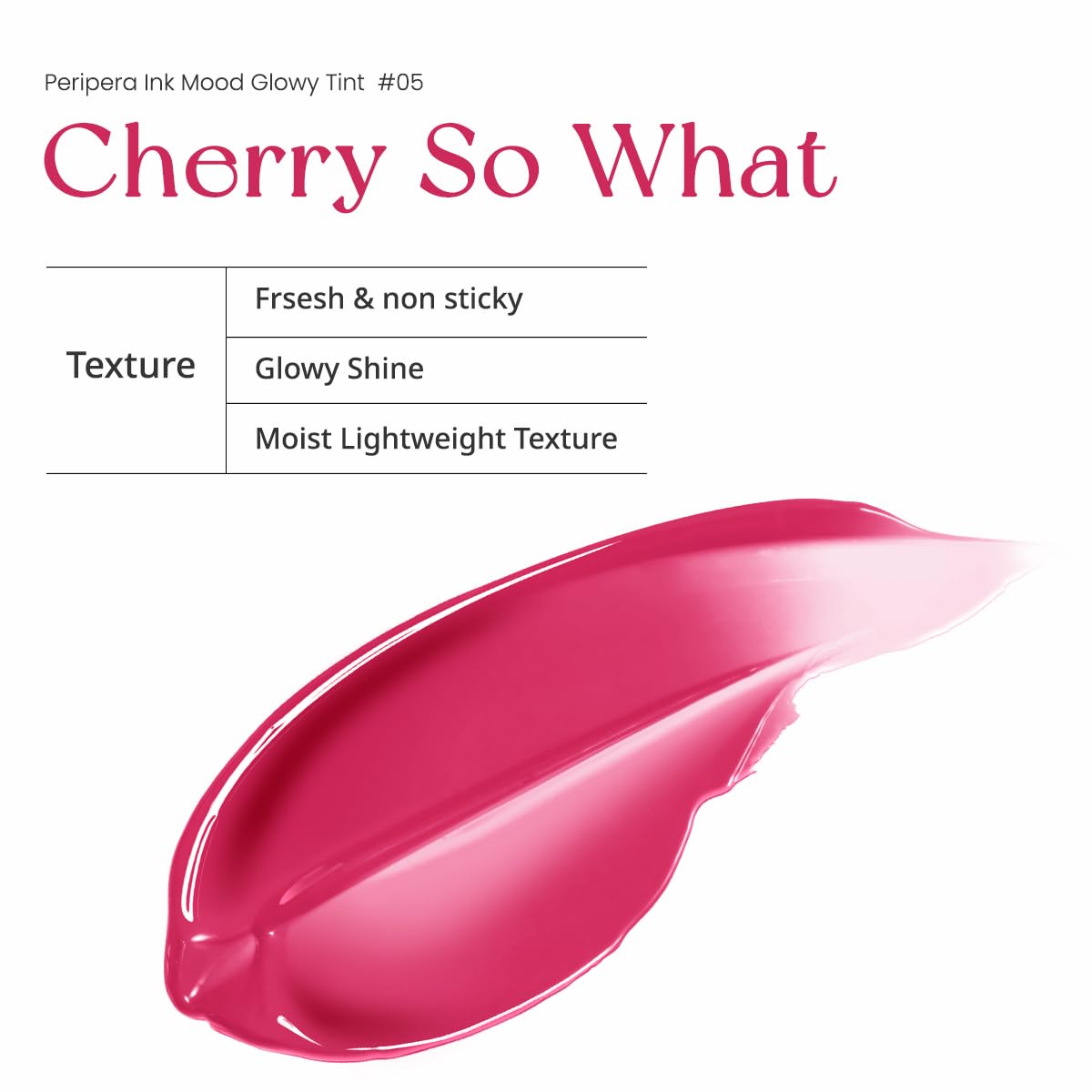 Peripera tint worn on lips showing plump shine and flattering color benefit