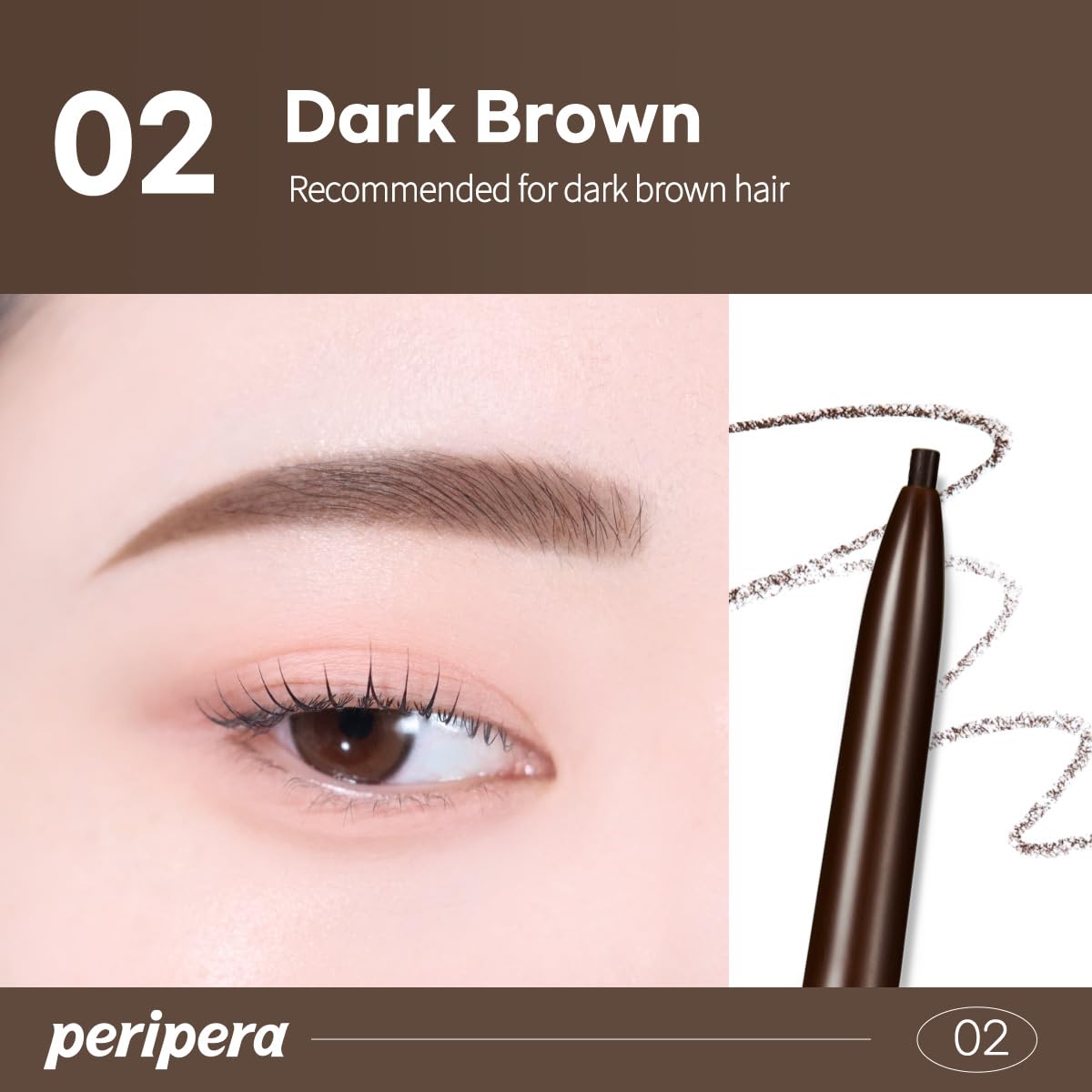 Peripera in-use lifestyle image applying pencil for defined everyday brow benefit
