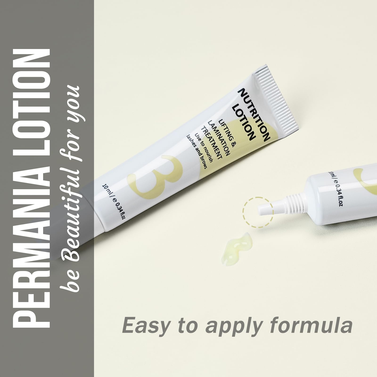 PERMANIA lotion used on laminated brows showing soft, tamed hairs benefit