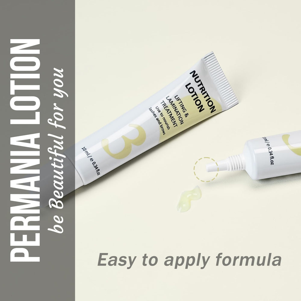 PERMANIA lotion used on laminated brows showing soft, tamed hairs benefit