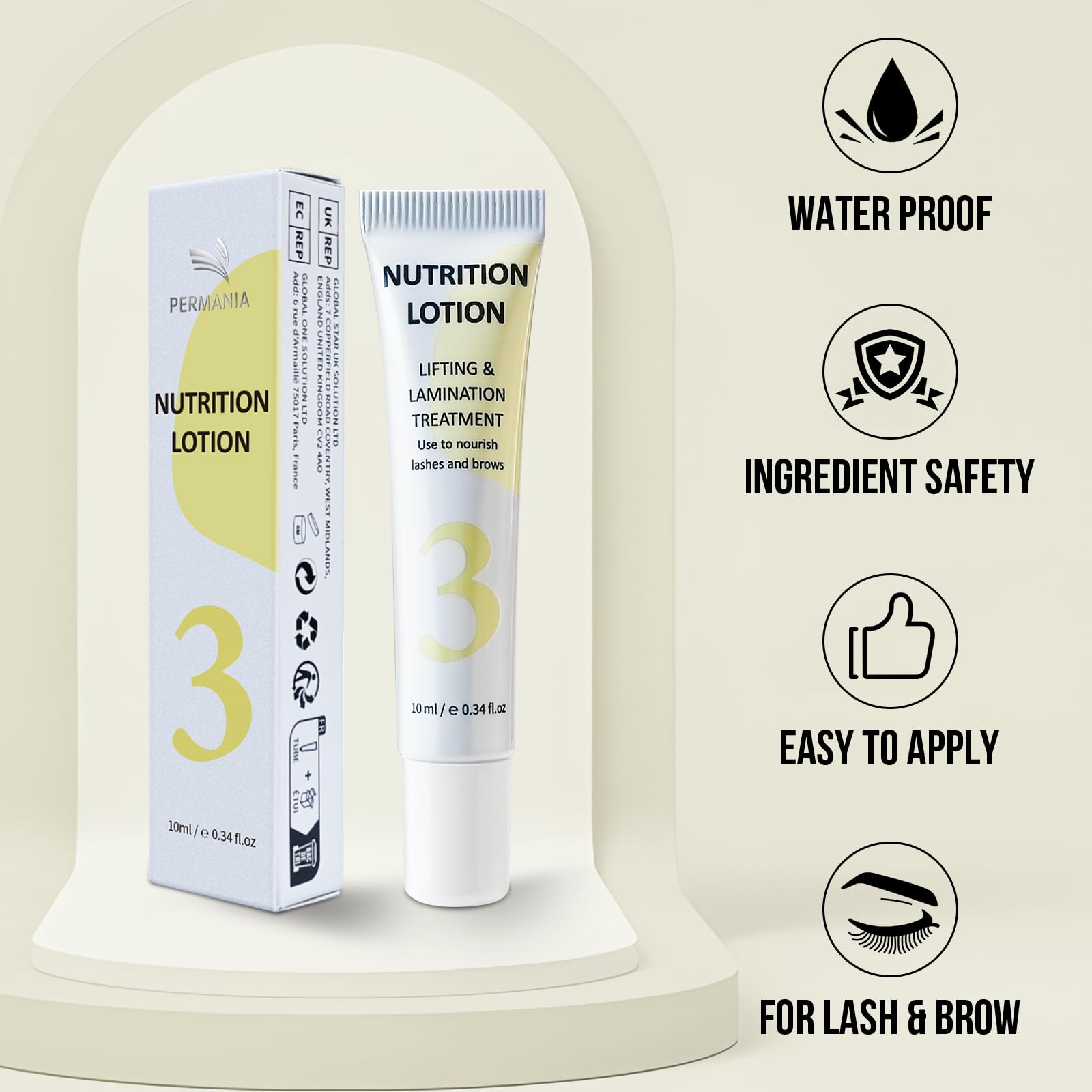 PERMANIA lotion applied to lifted lashes illustrating conditioning and manageability benefit