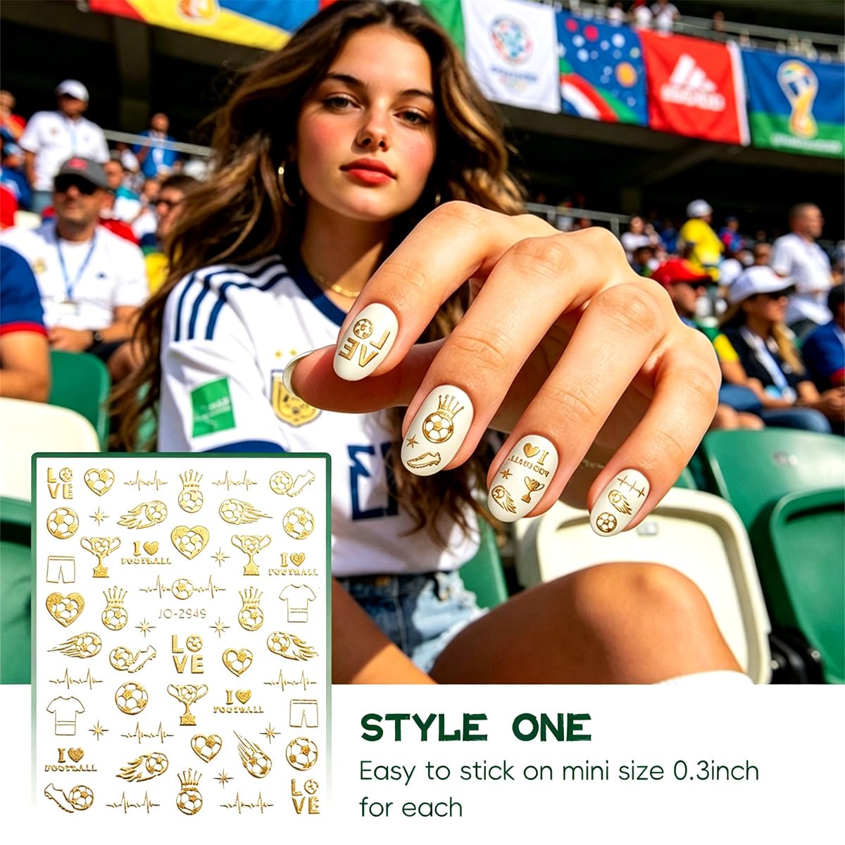 Permcoly close-up of 3D gold football sticker highlighting textured shine