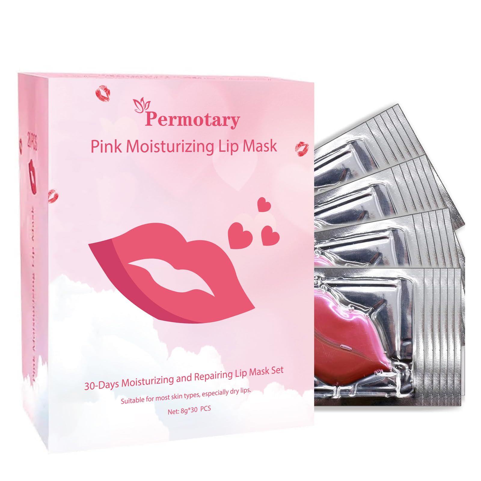 Permotary front packaging showing 30 collagen lip masks and quick hydration