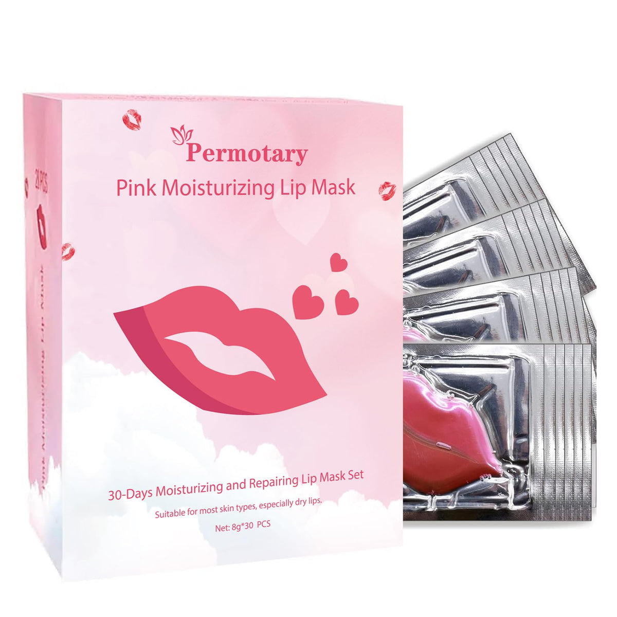 Permotary front packaging showing 30 collagen lip masks and quick hydration