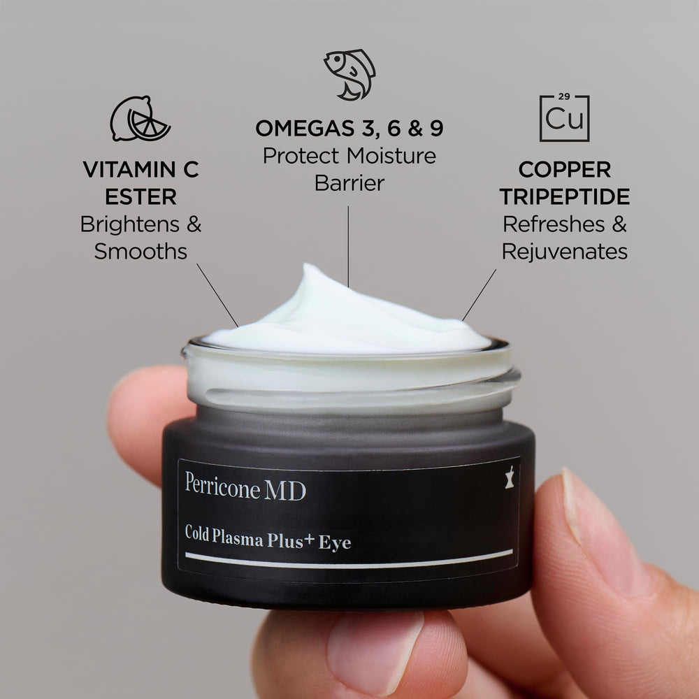 Close view of Perricone MD eye cream label listing peptides and vitamin C benefits