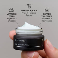 Close view of Perricone MD eye cream label listing peptides and vitamin C benefits