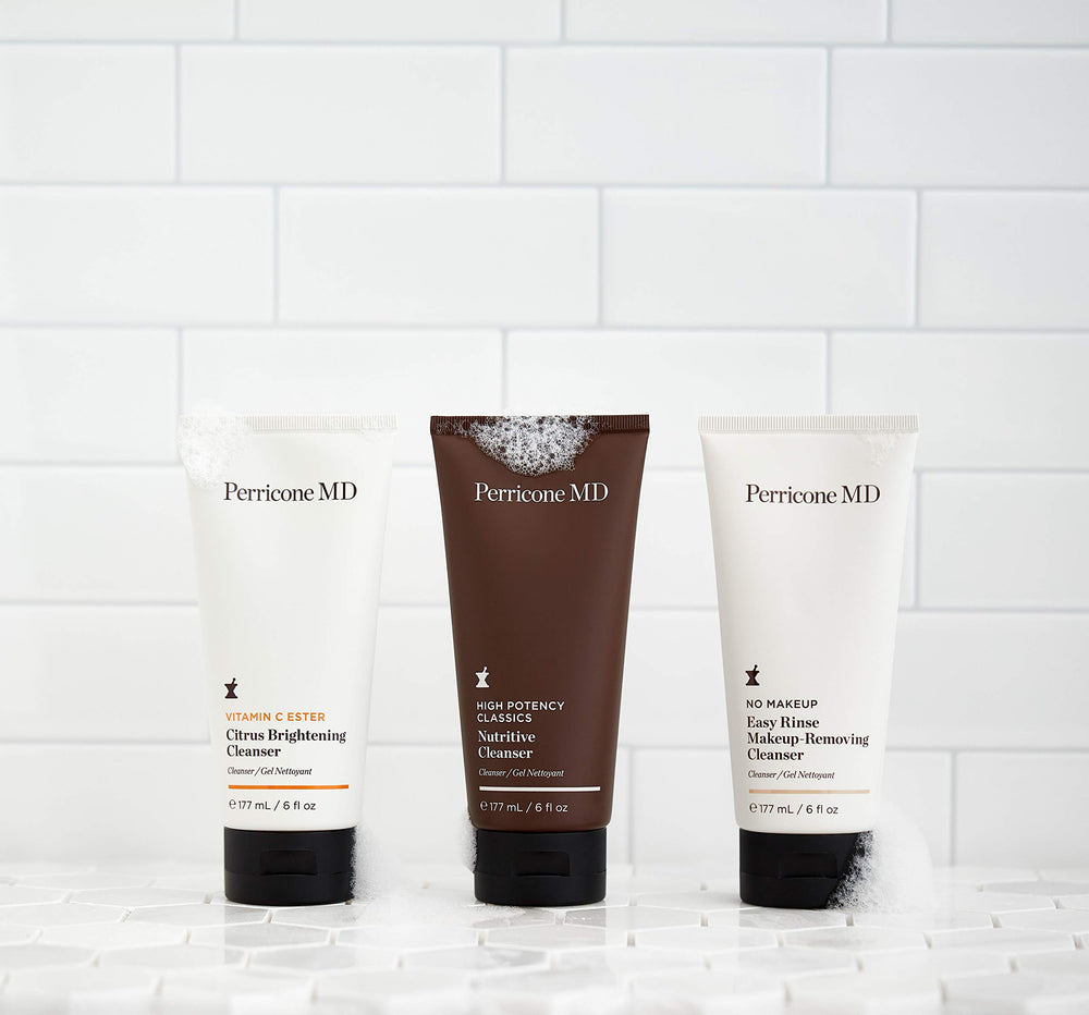 Perricone MD cleanser on bathroom counter in lifestyle scene showing routine-ready convenience benefit