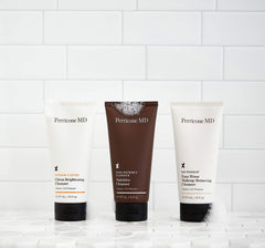 Perricone MD cleanser on bathroom counter in lifestyle scene showing routine-ready convenience benefit