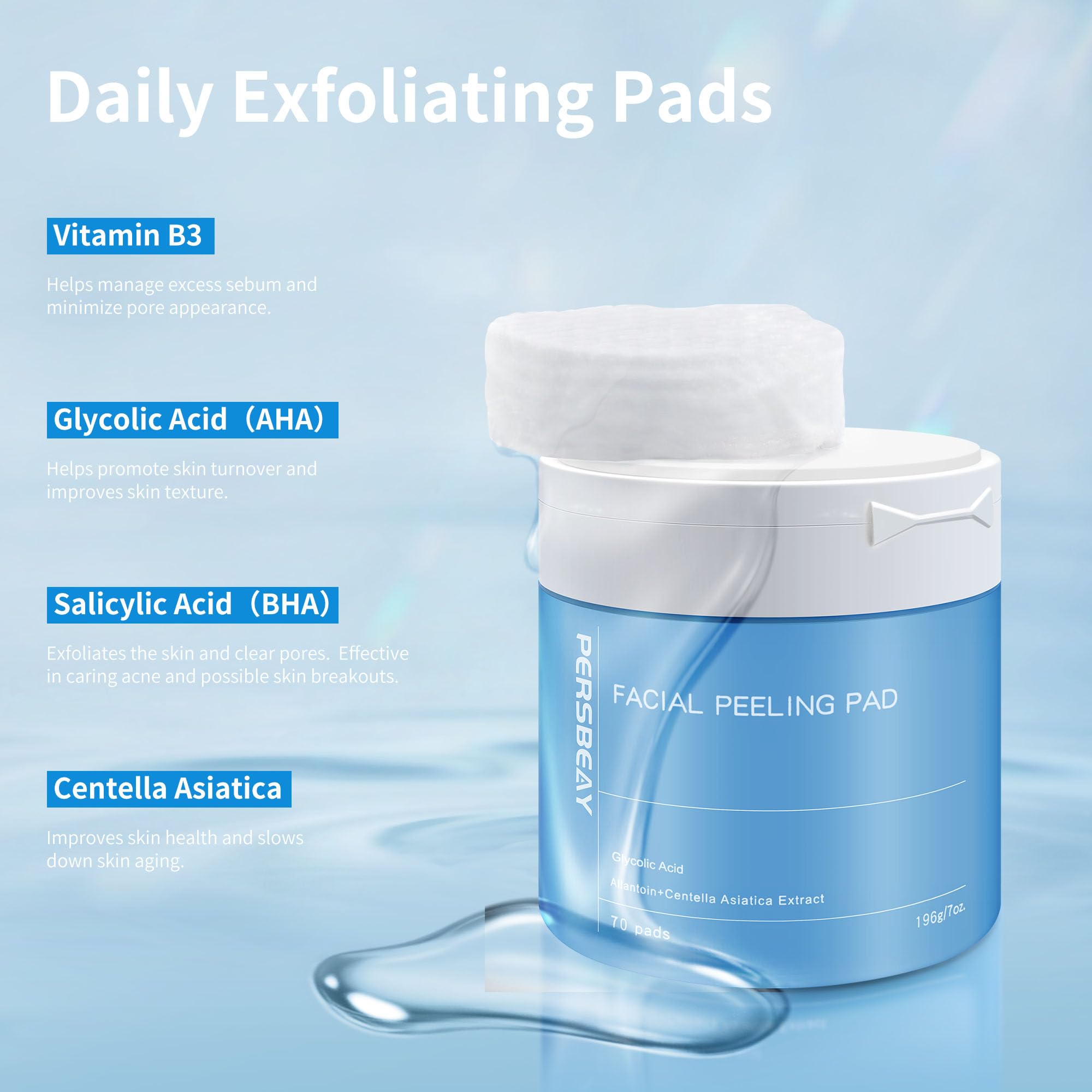Persbeay pad soaked in solution, visibly saturated for gentle chemical exfoliation
