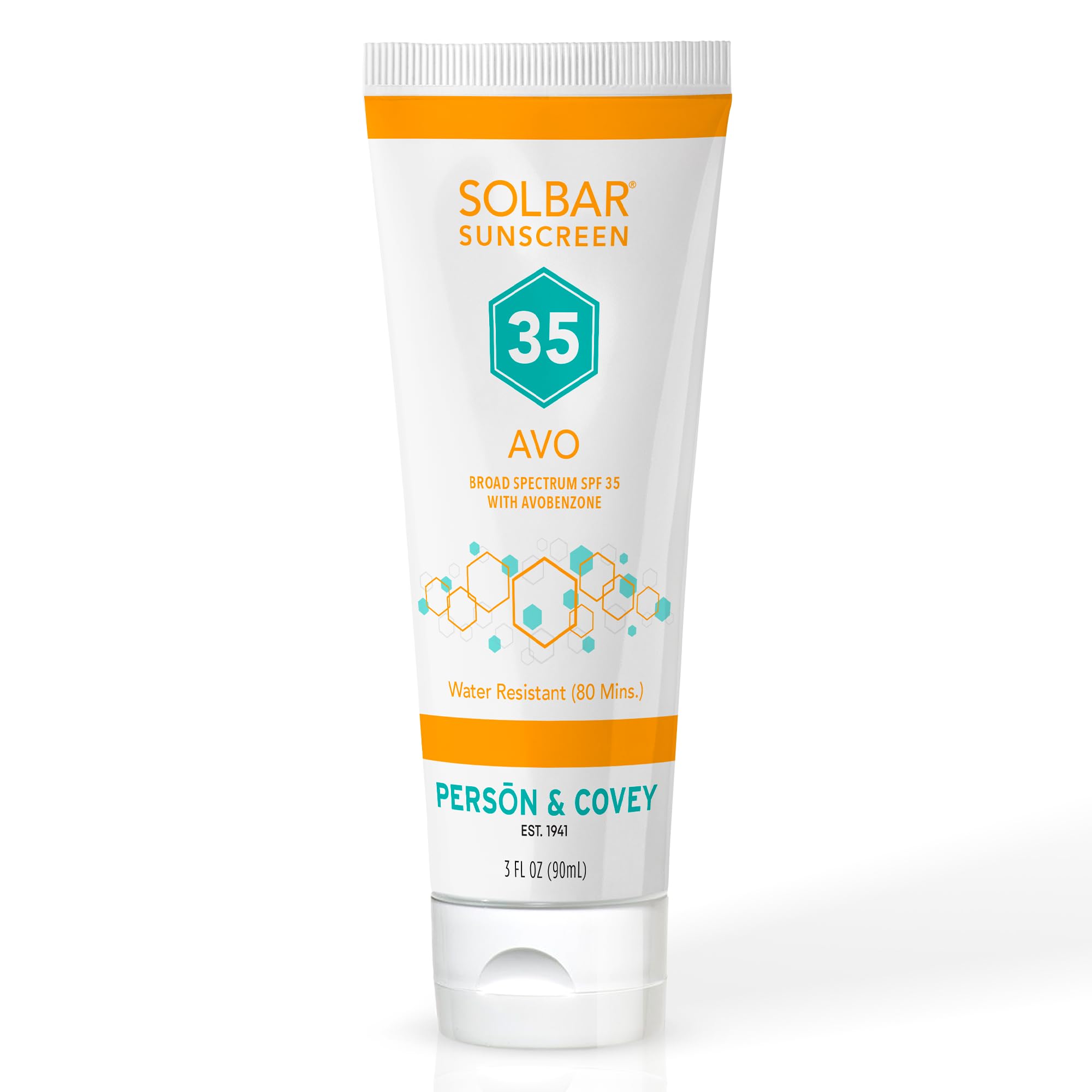 Person & Covey Solbar AVO front tube showing branding and SPF benefit