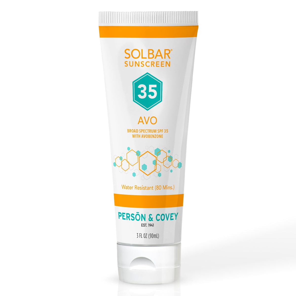 Person & Covey Solbar AVO front tube showing branding and SPF benefit