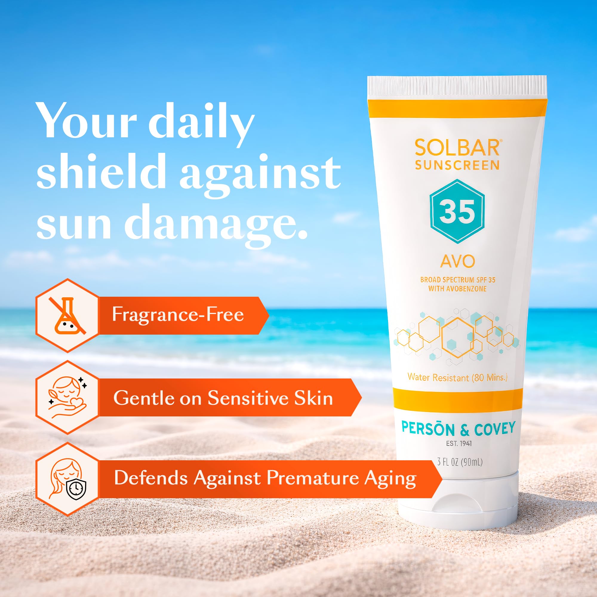 Person & Covey Solbar AVO cream texture close-up showing lightweight absorption