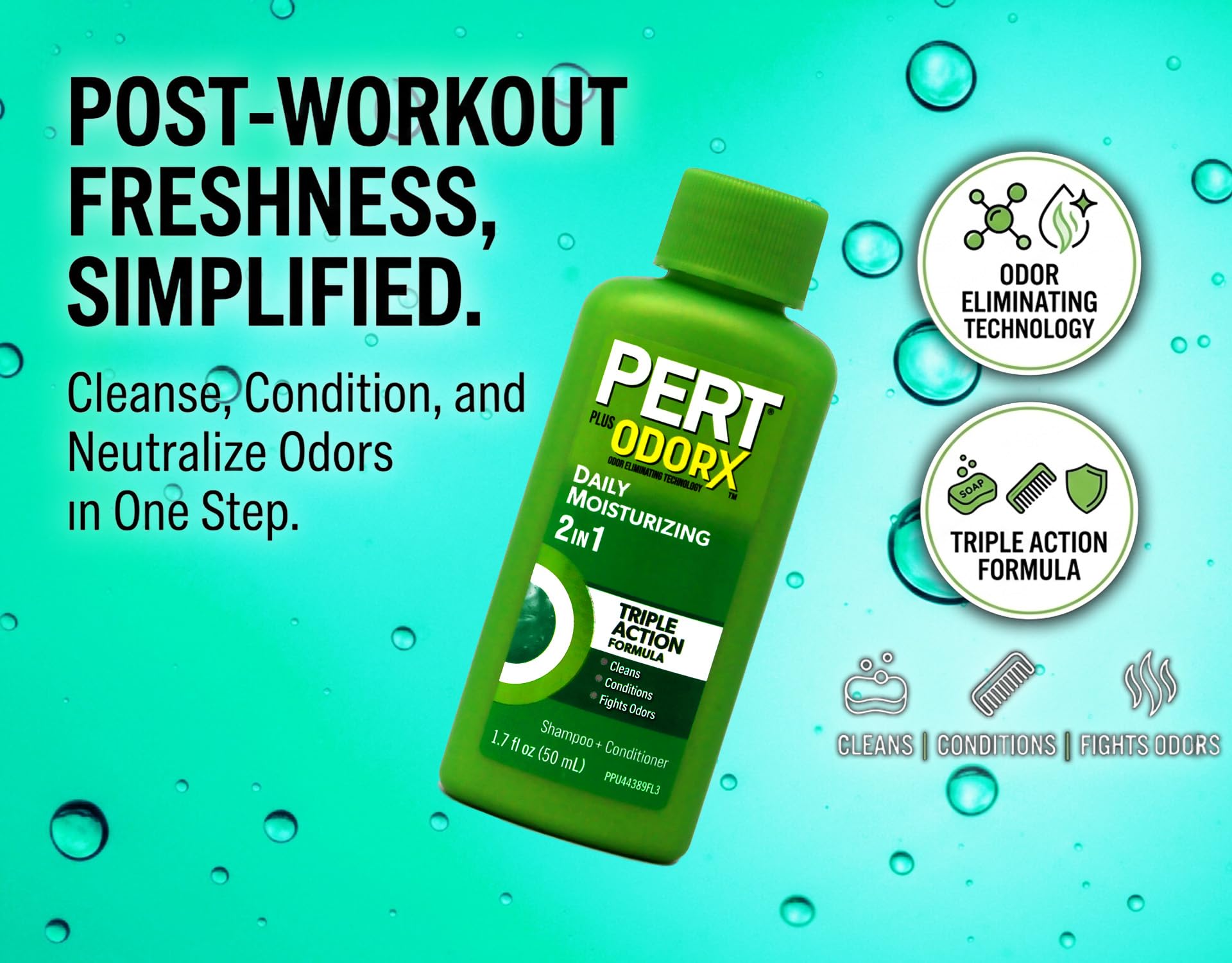 Pert Plus bottle held in hand showing 1.70 oz scale for portable travel convenience