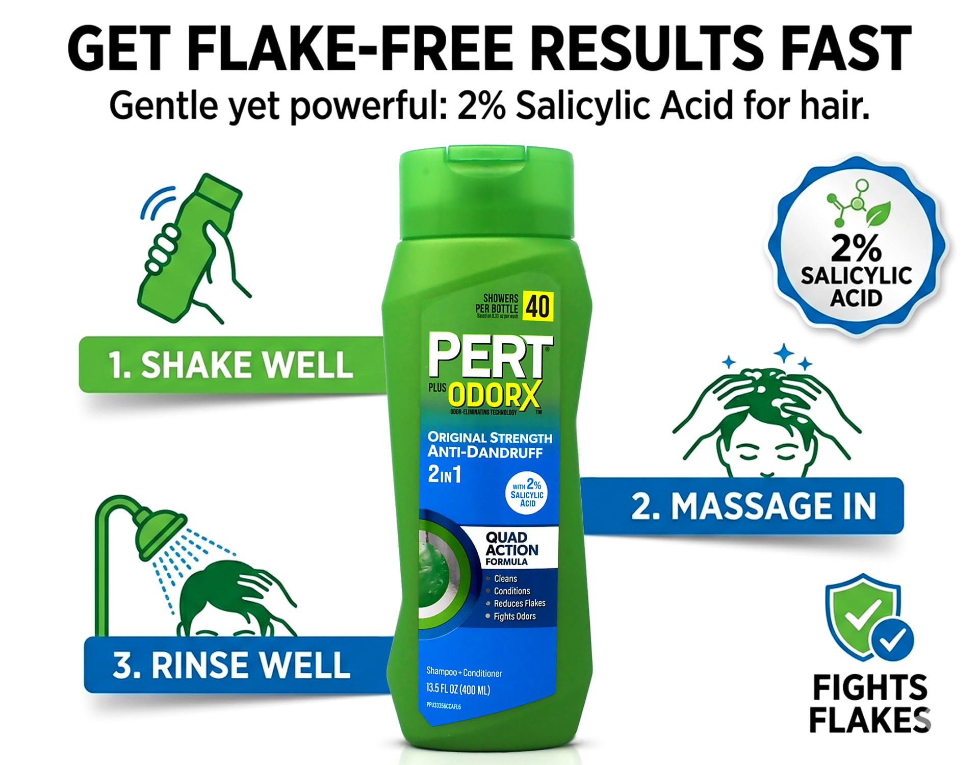 Pert in-shower lifestyle image showing quick 2-in-1 wash and conditioning benefit