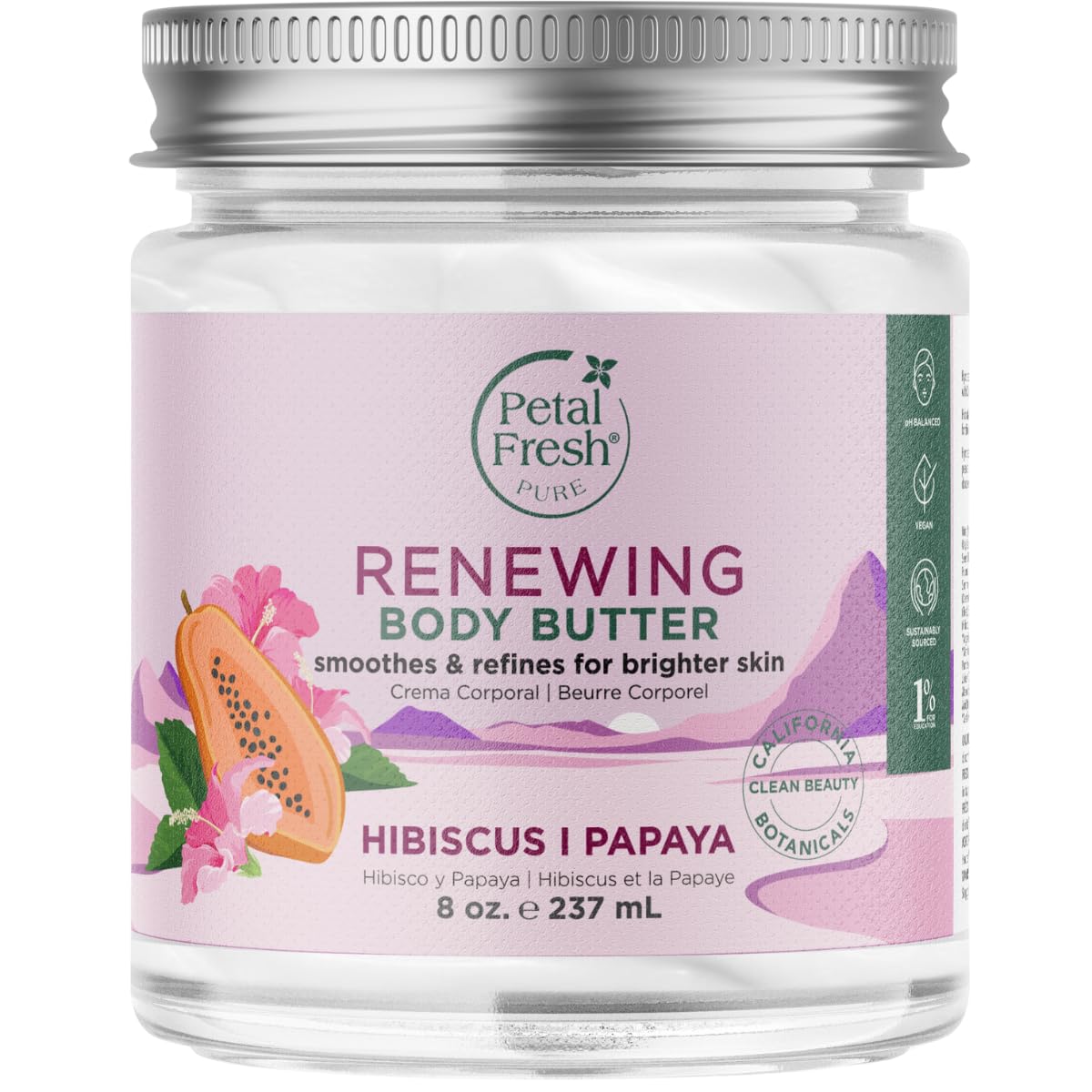 Petal Fresh front jar showing hibiscus and papaya for visible hydration benefit