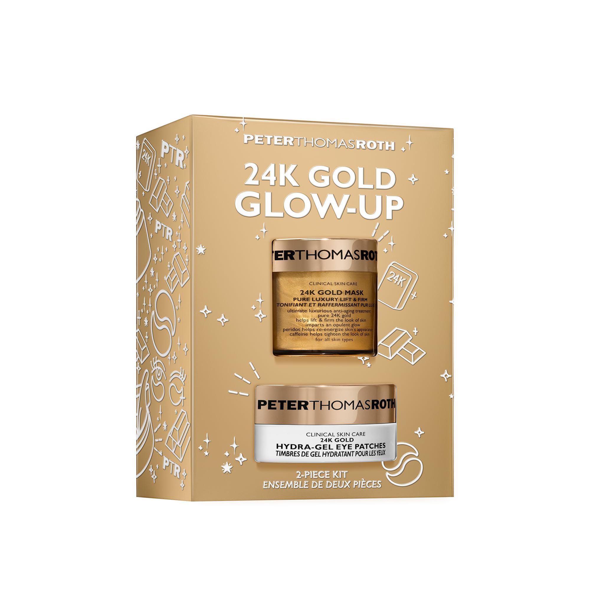 Peter Thomas Roth front packaging showing the 24K Gold Glow-Up kit and benefits