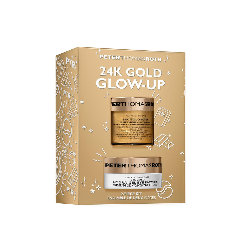 Peter Thomas Roth front packaging showing the 24K Gold Glow-Up kit and benefits