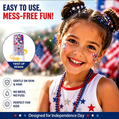 Petramrs applied as flag-inspired cheek stripe demonstrating bold color payoff and easy use