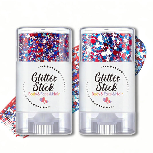 Petramrs glitter stick front packaging showing red white blue design and easy carry benefit