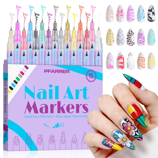 PFARRER front layout showing 15 colorful nail art pens and benefits of variety