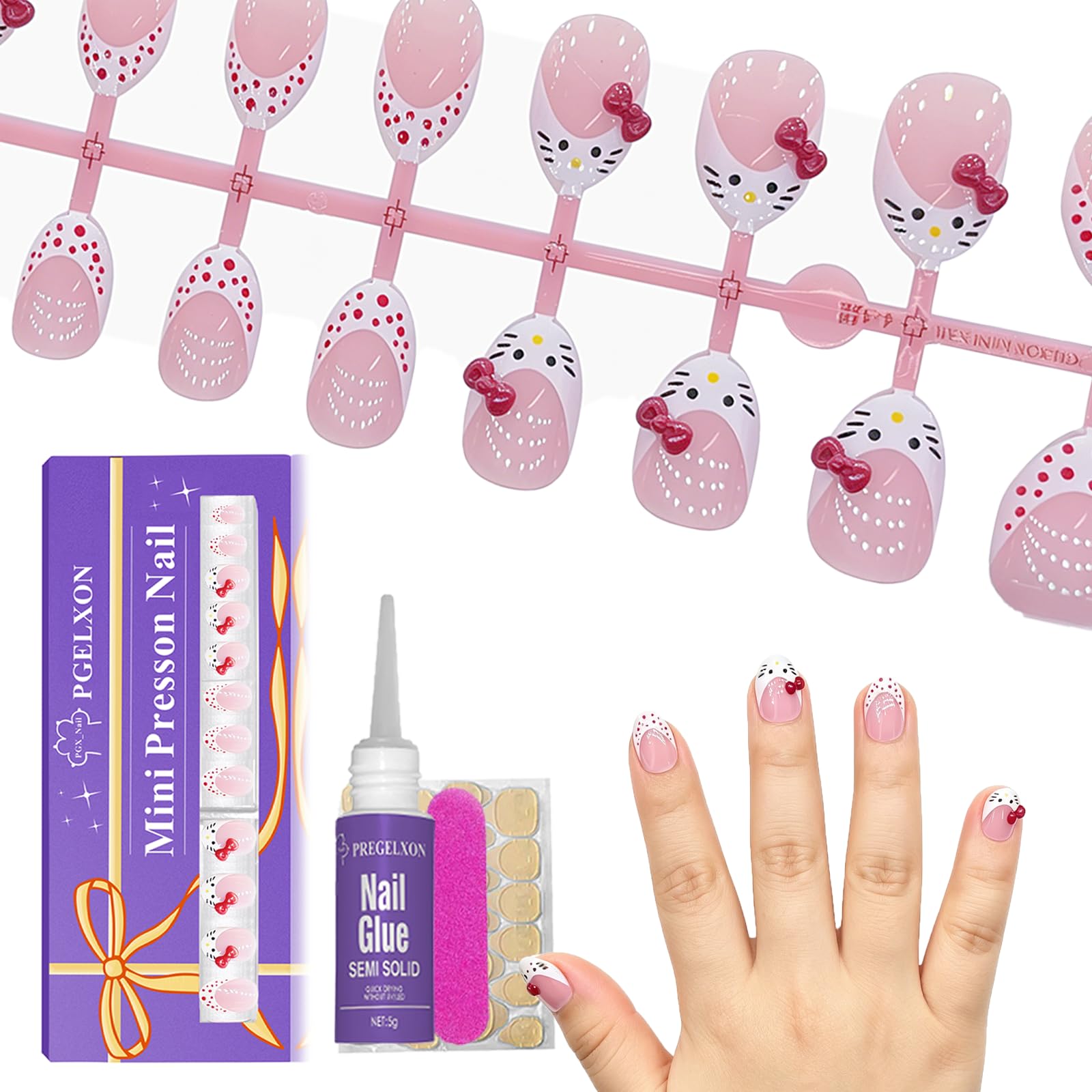 PGELXON front packaging showing 24-piece kids press on nail kit and contents benefit