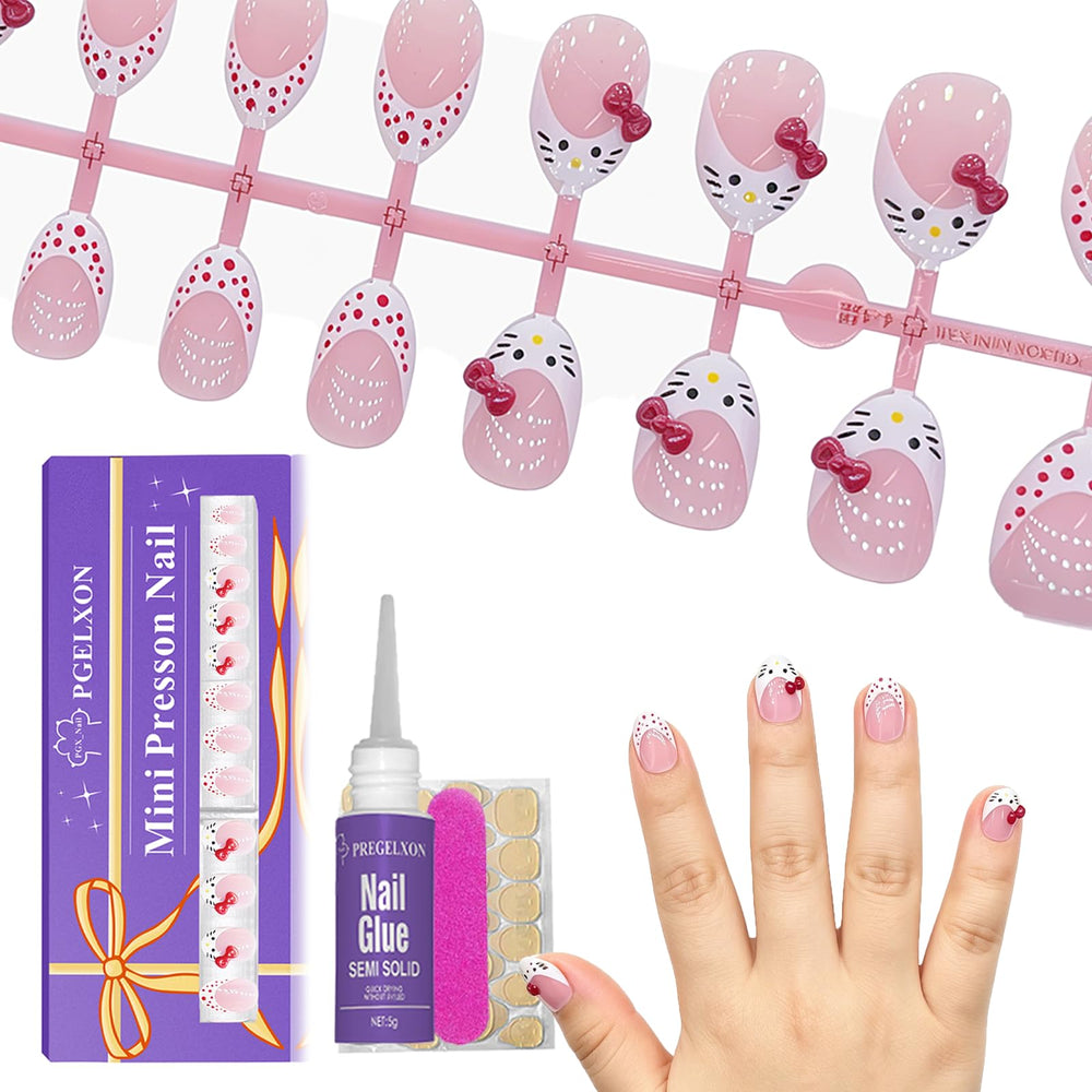PGELXON front packaging showing 24-piece kids press on nail kit and contents benefit