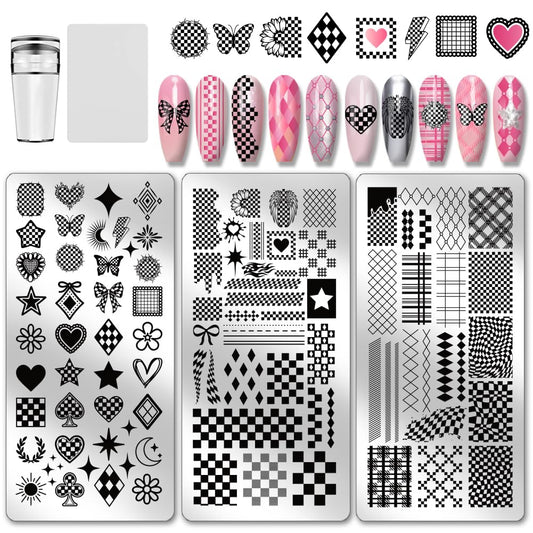 PH PandaHall front view of three plaid stamping plates showing compact set and patterns benefit