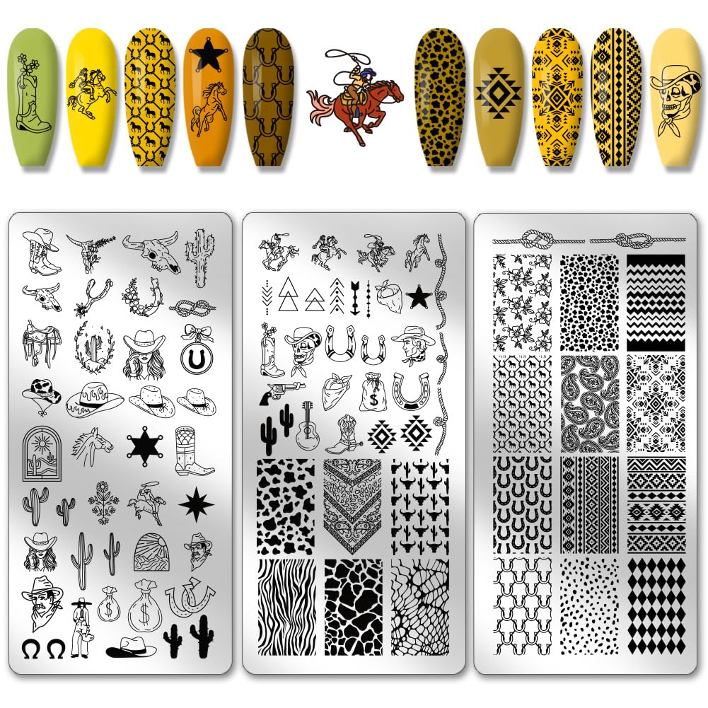 PH PandaHall front view of three western nail stamping plates showing patterns and layout