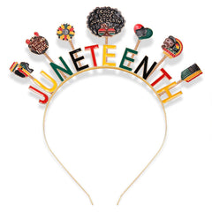 PHALIN front view headband showing bold JUNETEENTH lettering and gold hoop, celebrates heritage