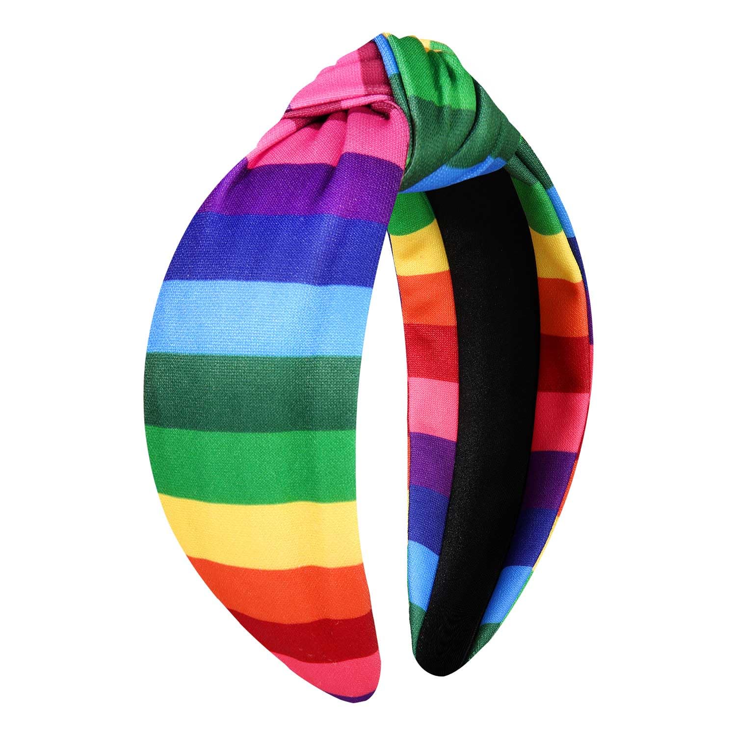 PHALIN headband front view showing rainbow stripes and heart motifs, vibrant accessory
