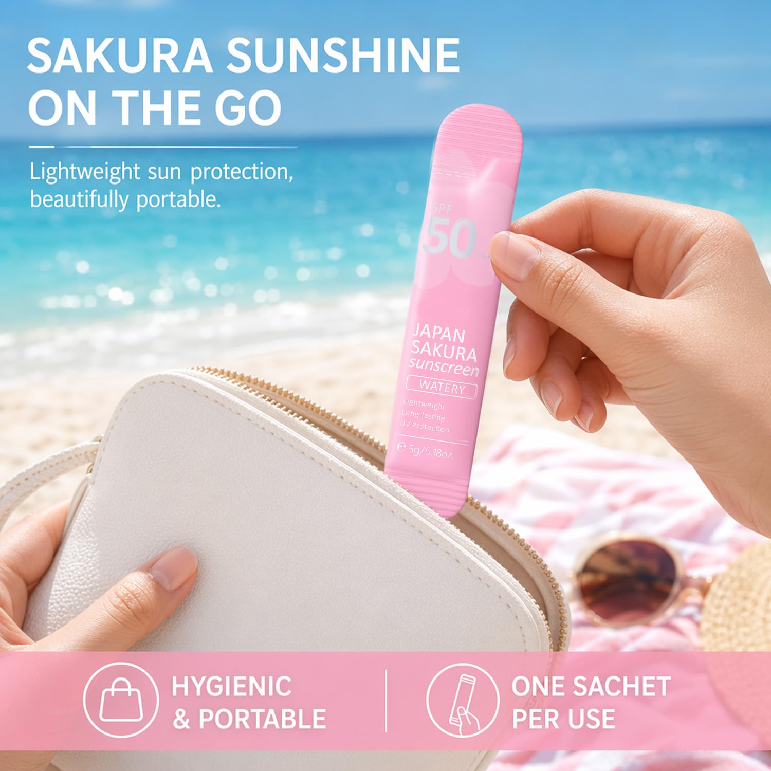 Phanund packets in beach bag illustrating portable sun protection