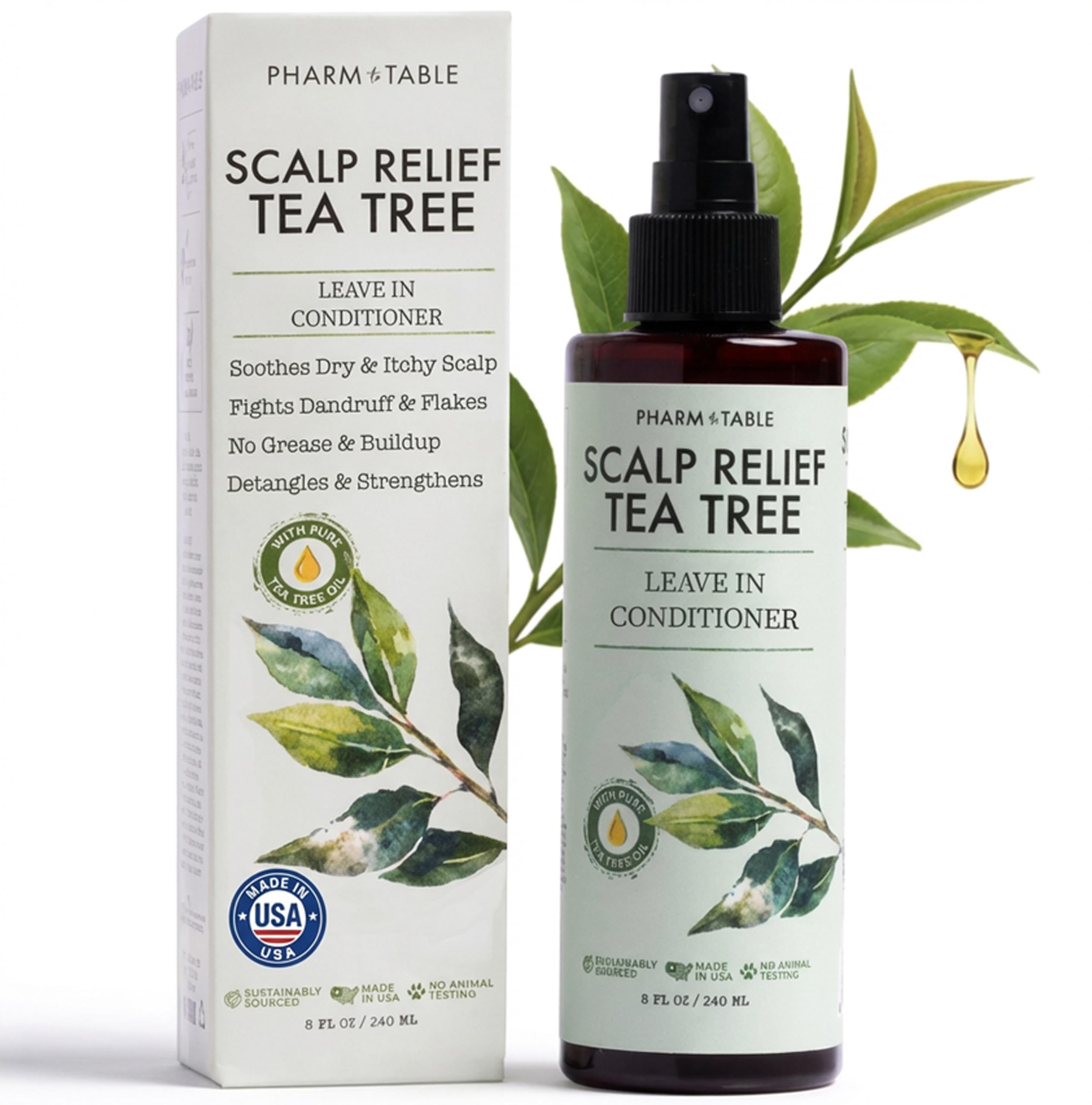 PHARM TO TABLE front packaging showing leave-in tea tree spray with clear benefits