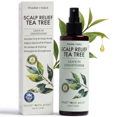 PHARM TO TABLE front packaging showing leave-in tea tree spray with clear benefits