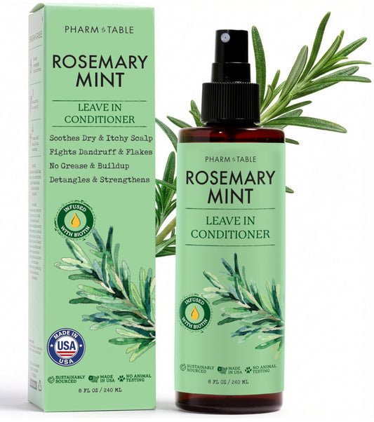 PHARM TO TABLE front packaging showing rosemary mint spray and benefits