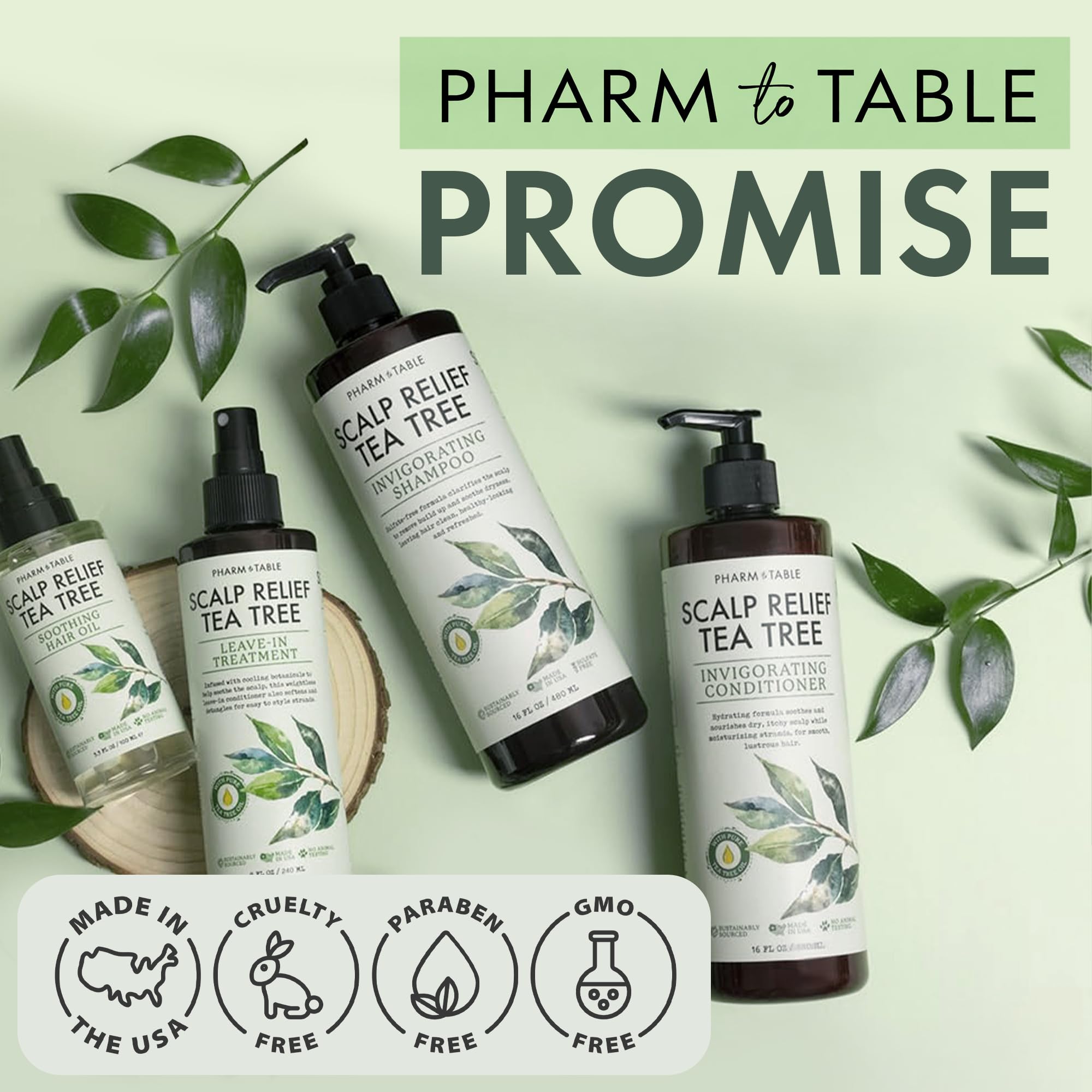 PHARM TO TABLE tea tree oil and leaves highlighting natural ingredient benefits
