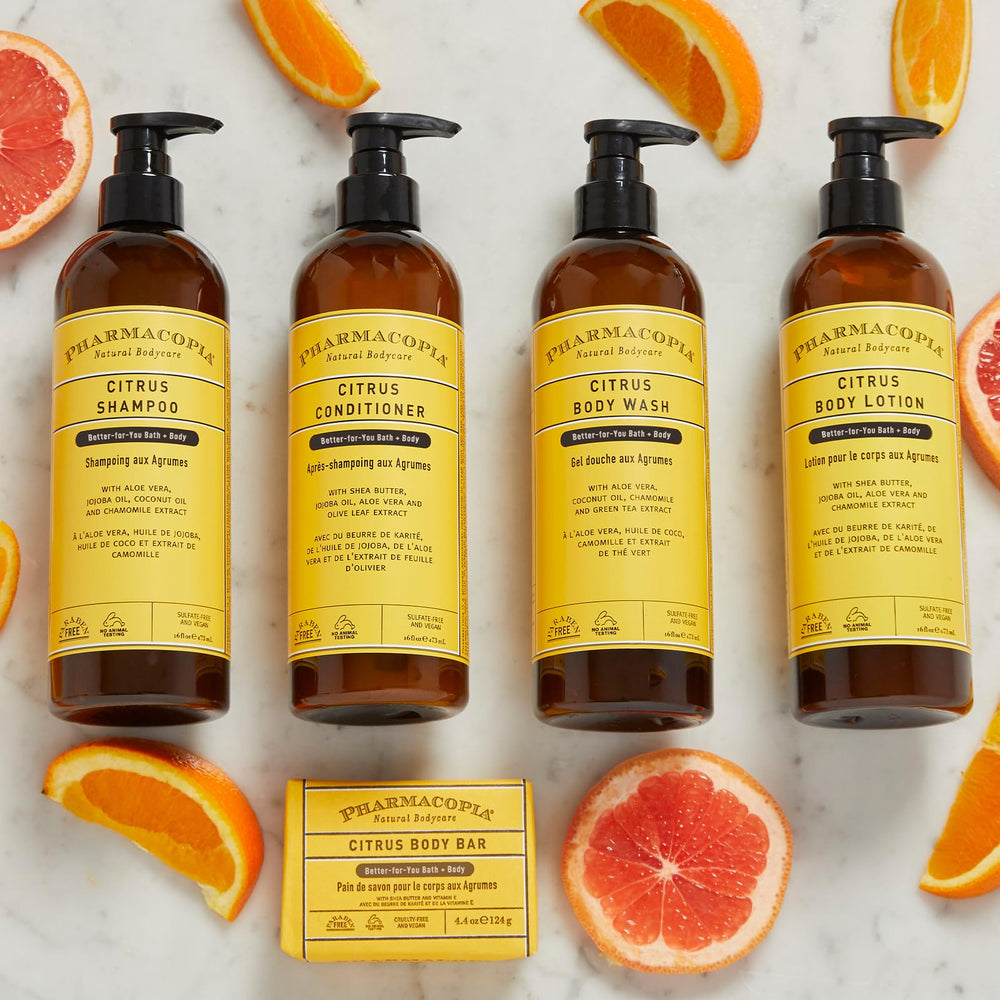 Bathroom shelf with Pharmacopia conditioner in lifestyle scene for routine benefit