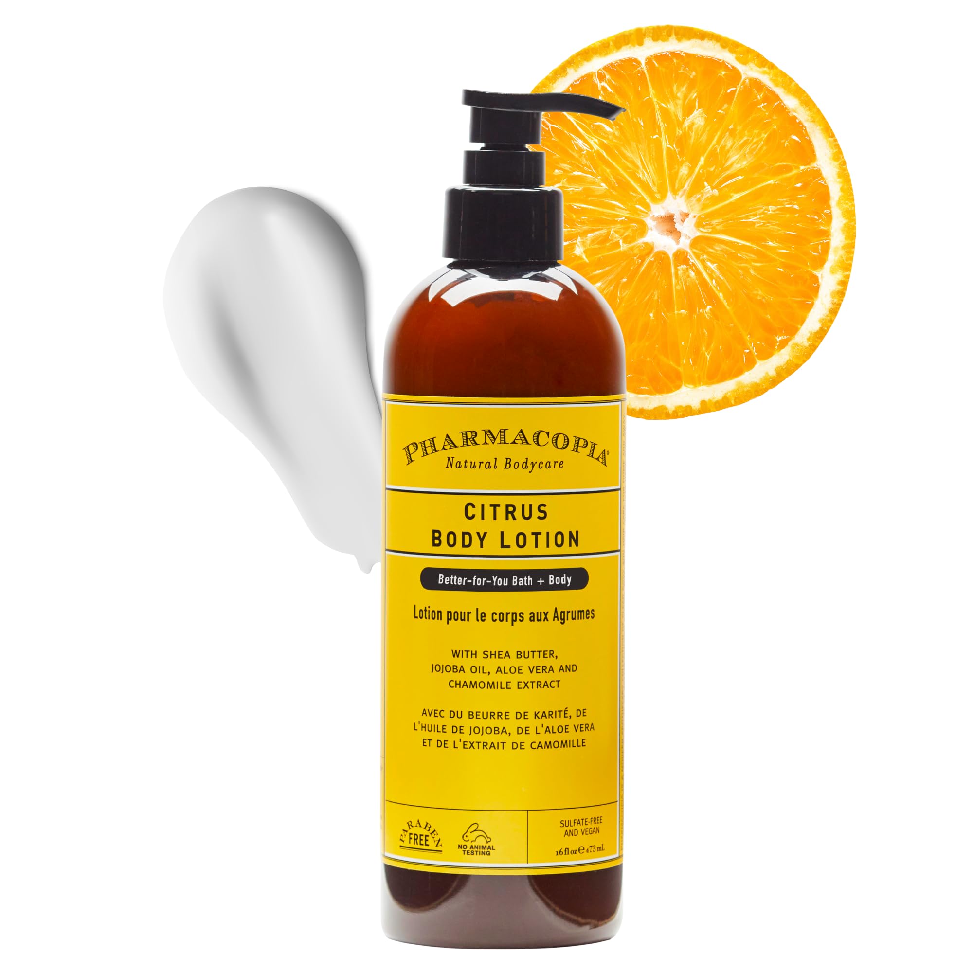 Pharmacopia front packaging showing clean citrus lotion and branding benefits