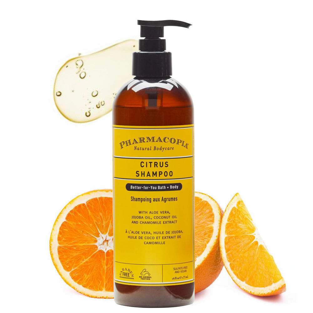 Pharmacopia bottle front view showing citrus shampoo and uplifted shine