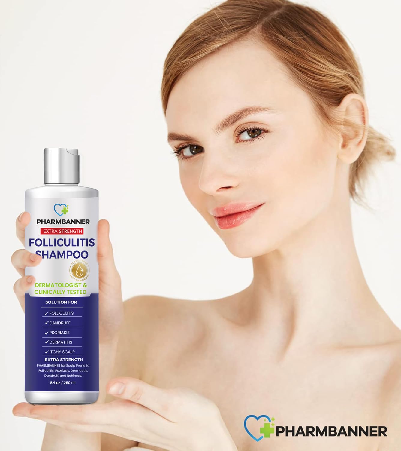 PHARMBANNER in bathroom lifestyle scene conveying everyday scalp care routine