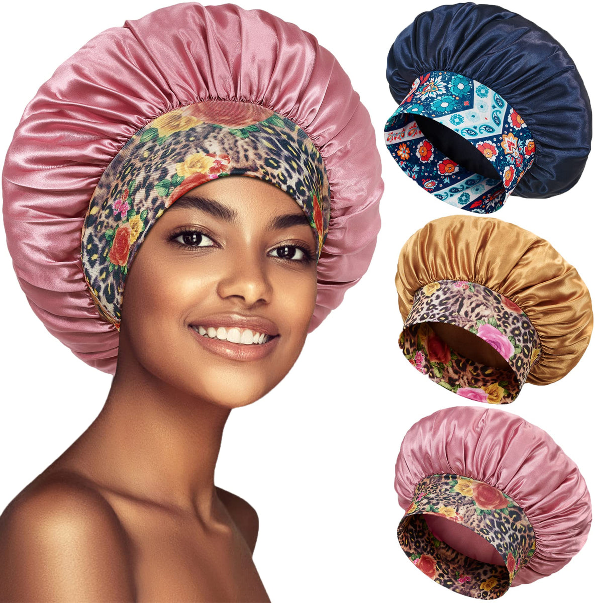 PHILIGHTS front view of three satin bonnets showing colors and packaging benefit protection