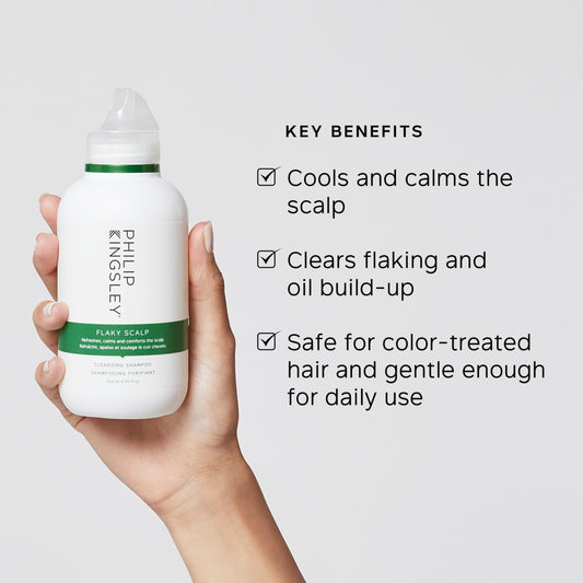 PHILIP KINGSLEY pump and cap detail highlighting easy dispense and leak-resistant design benefit
