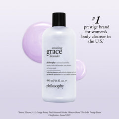 philosophy bottle next to travel items showing 16 fl oz scale and convenience for routines