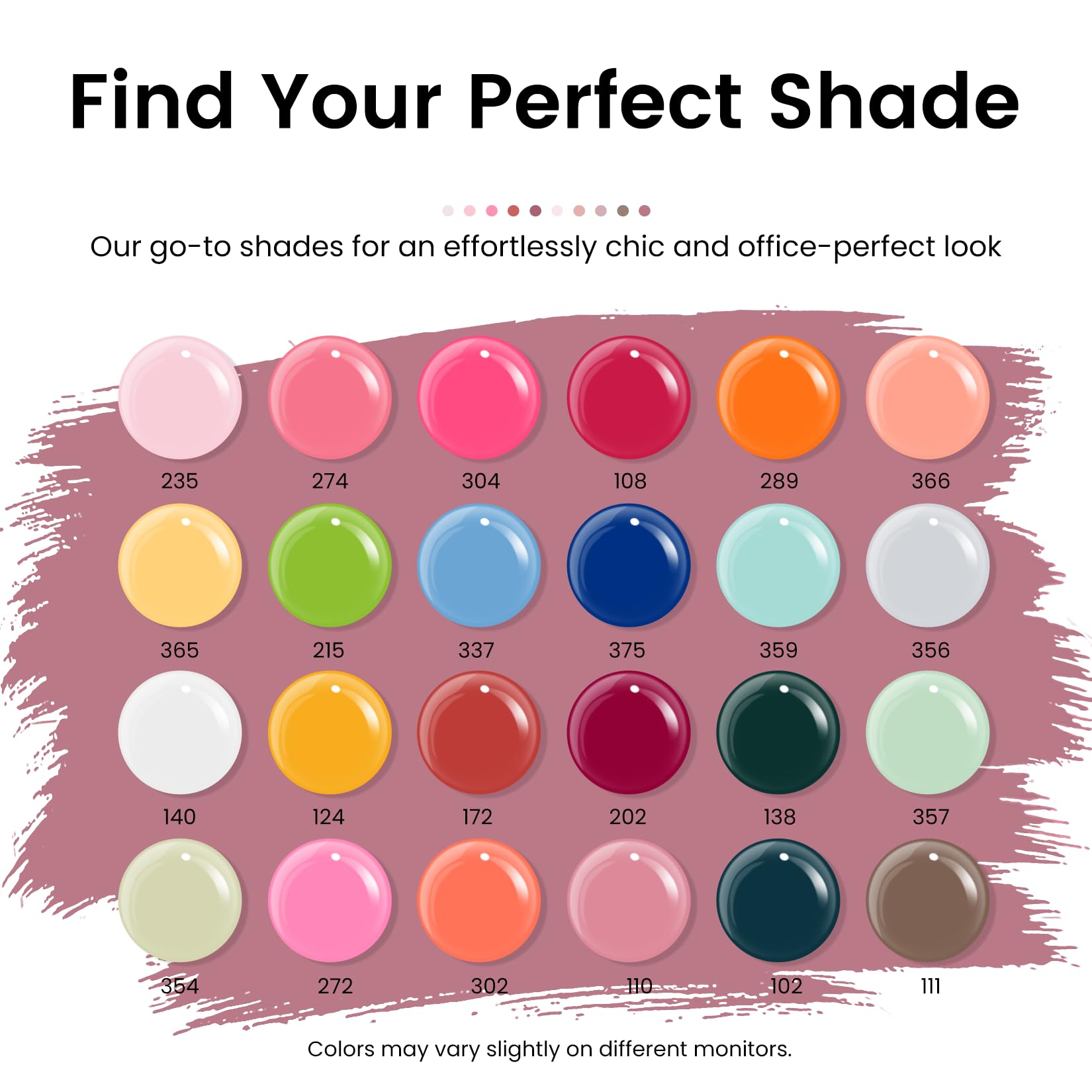 phoenixy color array flatlay of 24 gel shades, helps choose the right tone