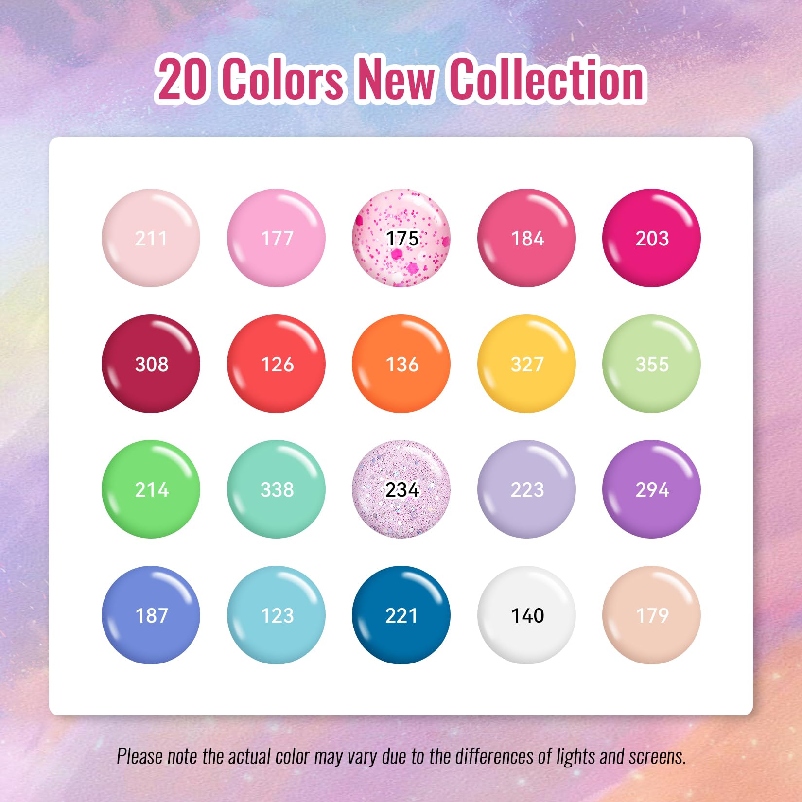 phoenixy color range flatlay with 20 shades displayed for quick shade selection